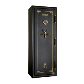 Spika SFABH medium fire resistant 12-gun safe with keypad and brass handle, three-quarter view