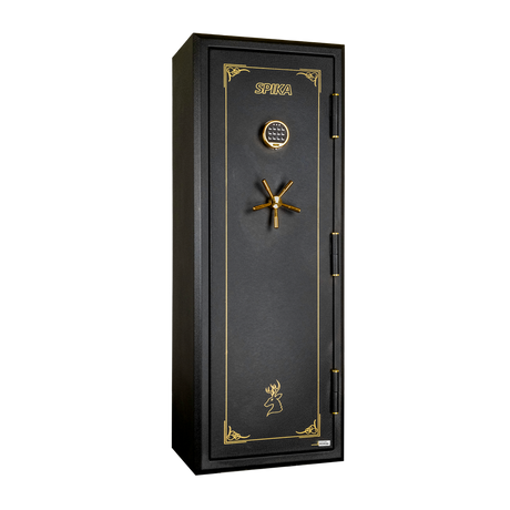 Spika SFABH medium fire resistant 12-gun safe with keypad and brass handle, three-quarter view