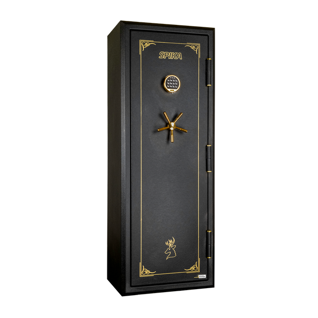 Spika SFABH medium fire resistant 12-gun safe with keypad and brass handle, three-quarter view