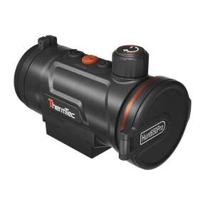 ThermTec Hunt Pro 650 thermal clip-on, front three-quarter view with Hunt650Pro lens cap closed