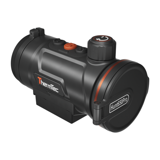 ThermTec Hunt Pro 650 thermal clip-on, front three-quarter view with Hunt650Pro lens cap closed