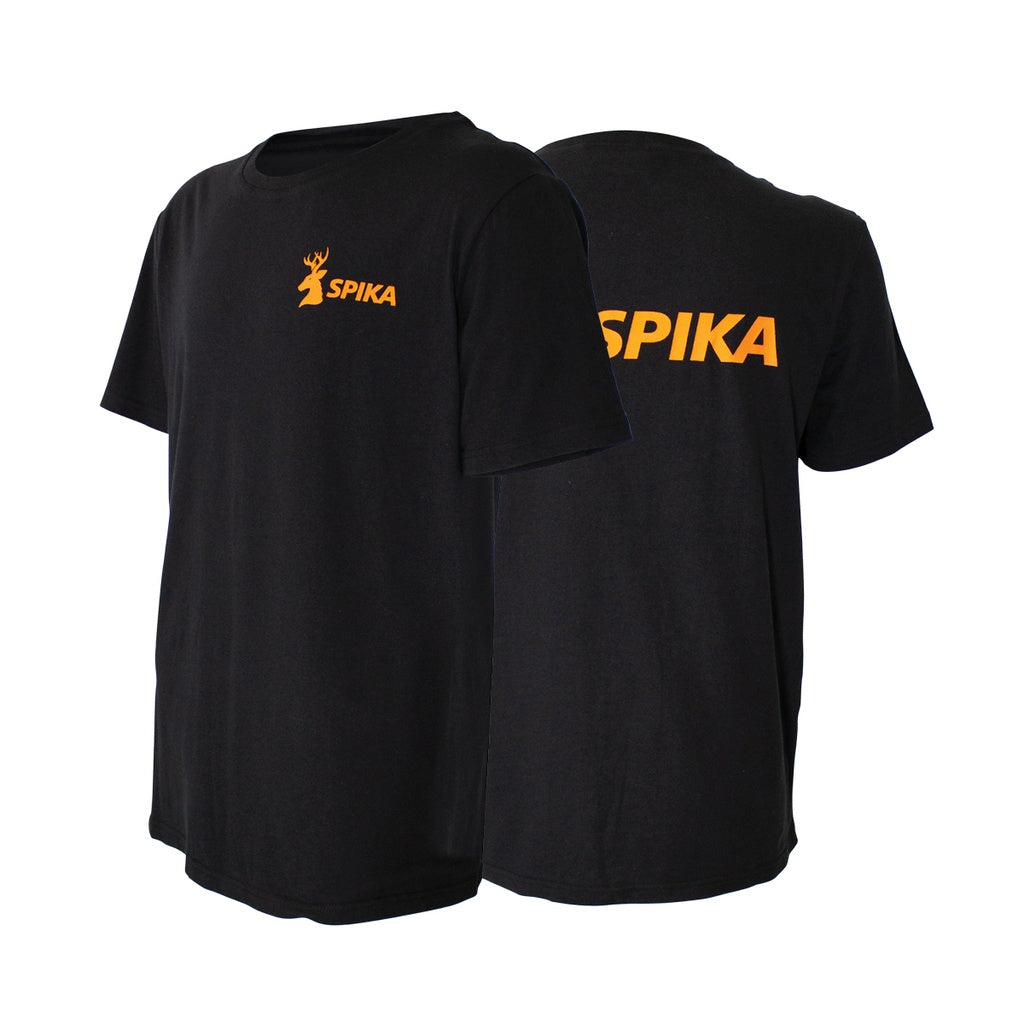 Spika GO Classic men's T-shirt in black, front and back shown with orange SPIKA logos