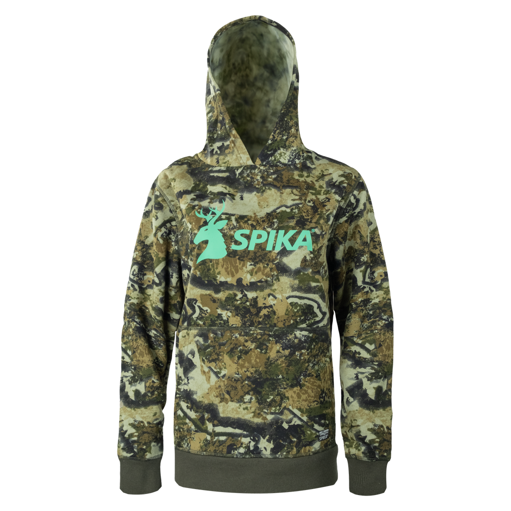 Spika GO Classic V2 women's hoodie in Biarri Camo, front view with mint green stag SPIKA logo
