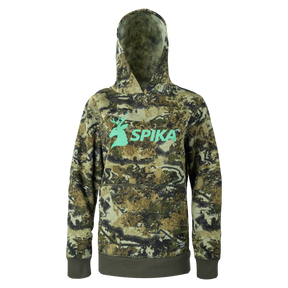 Spika GO Classic V2 women's hoodie in Biarri Camo, front view with mint green stag SPIKA logo