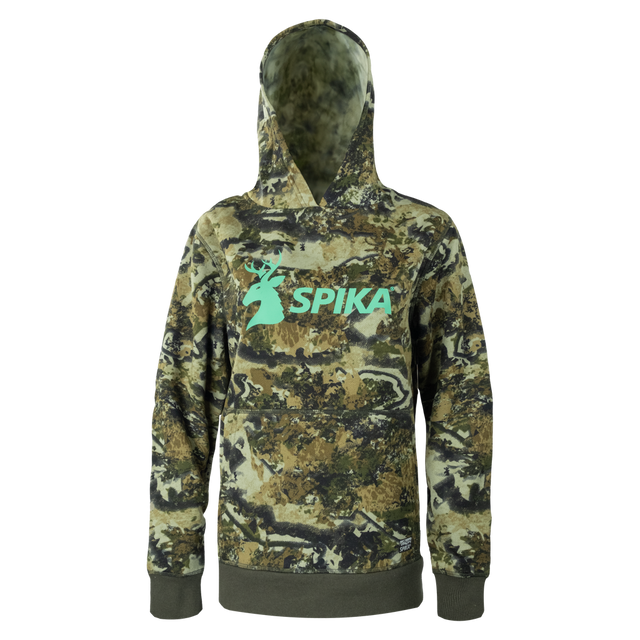 Spika GO Classic V2 women's hoodie in Biarri Camo, front view with mint green stag SPIKA logo
