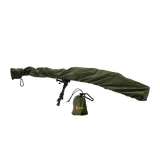 Spika 52in gun rain cover in green fitted over a scoped rifle, with stuff sack