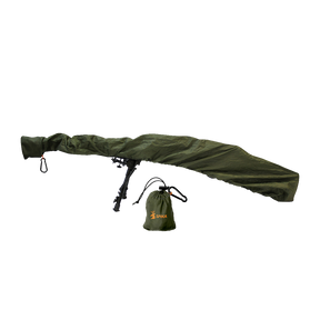 Spika 52in gun rain cover in green fitted over a scoped rifle, with stuff sack