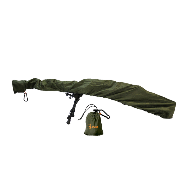 Spika 52in gun rain cover in green fitted over a scoped rifle, with stuff sack