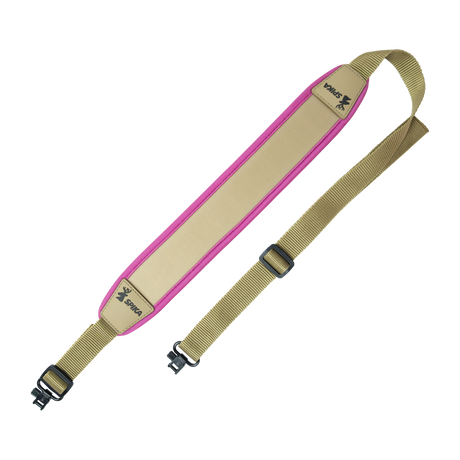 Spika Alpine rifle sling in tan with pink trim, padded shoulder section, webbing strap and swivels