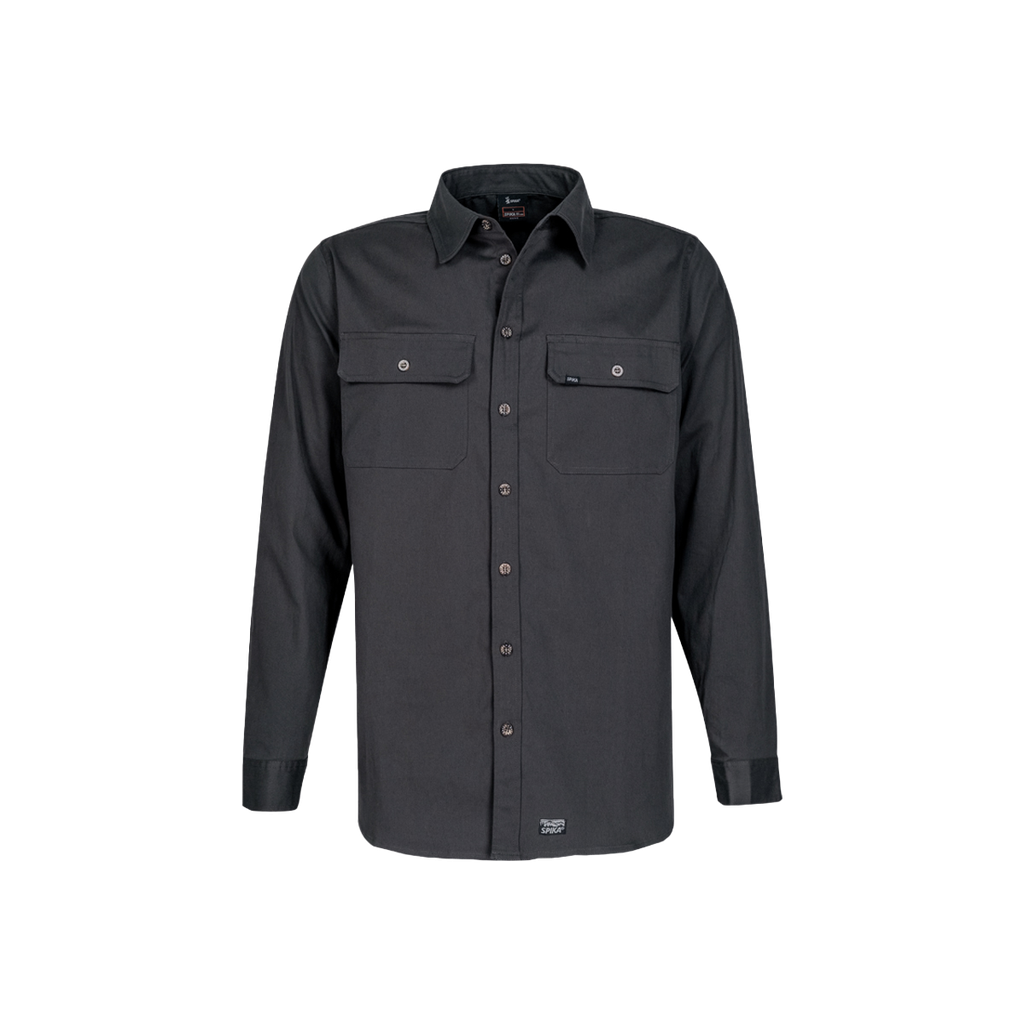 Spika GO Work men's long sleeve shirt in Ink, front view with twin button-flap chest pockets