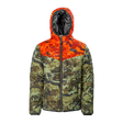 Spika Terra kids' hooded puffer jacket in Biarri Camo with Blaze orange yoke, front view