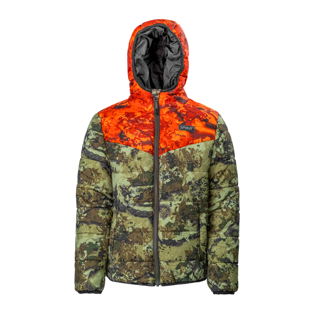 Spika Terra kids' hooded puffer jacket in Biarri Camo with Blaze orange yoke, front view