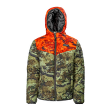 Spika Terra kids' hooded puffer jacket in Biarri Camo with Blaze orange yoke, front view