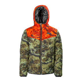 Spika Terra kids' hooded puffer jacket in Biarri Camo with Blaze orange yoke, front view