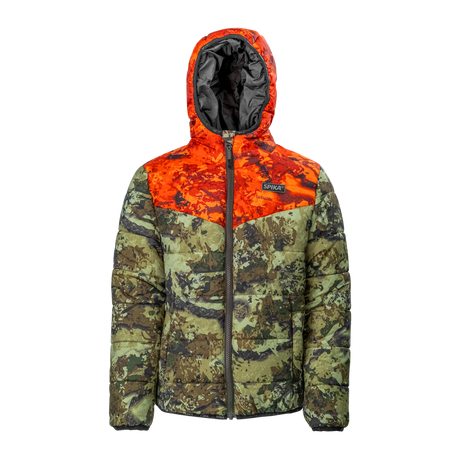 Spika Terra kids' hooded puffer jacket in Biarri Camo with Blaze orange yoke, front view