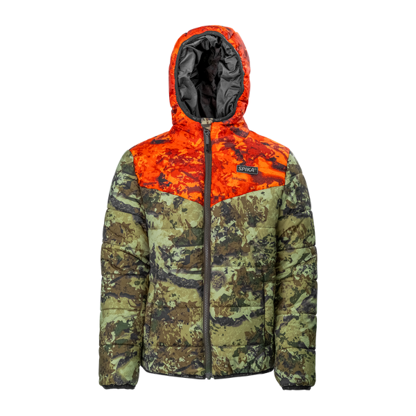 Spika Terra kids' hooded puffer jacket in Biarri Camo with Blaze orange yoke, front view