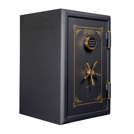 Spika SCB1 large premium home safe, Category H/D, with keypad and brass handle, three-quarter view
