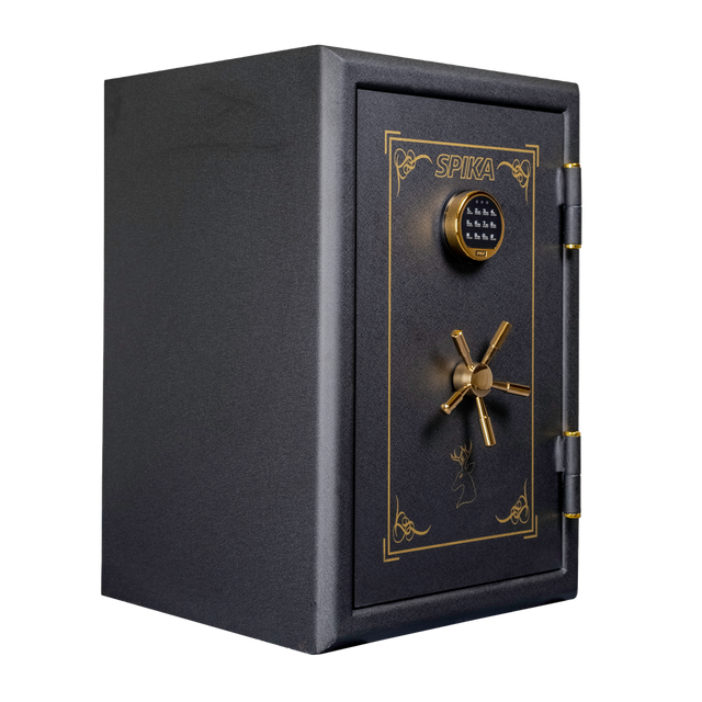 Spika SCB1 large premium home safe, Category H/D, with keypad and brass handle, three-quarter view