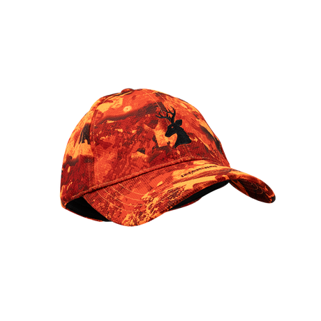 Spika Ranger adult hunting cap in Biarri Blaze orange camo, three-quarter view with deer logo
