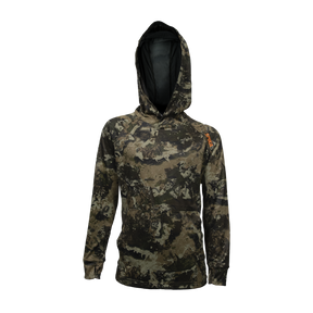 Spika Bandit youth hoodie in Biarri Camo with black-lined hood and orange shoulder logo, front view