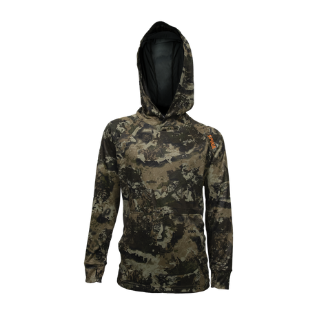 Spika Bandit youth hoodie in Biarri Camo with black-lined hood and orange shoulder logo, front view