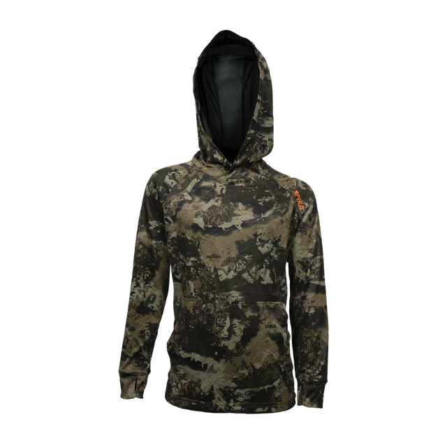 Spika Bandit youth hoodie in Biarri Camo with black-lined hood and orange shoulder logo, front view