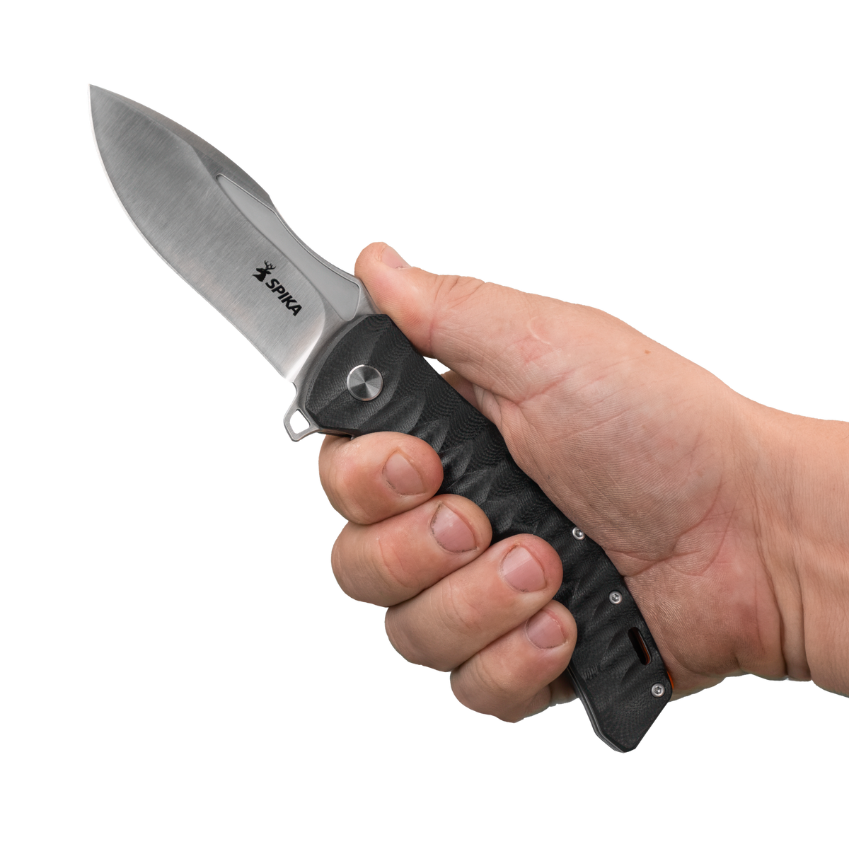 Spika Bushmaster Viper folding knife opened and held in hand to show grip size and blade