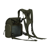 Spika Drover II bino pack in Olive Summit, three-quarter view with harness and mesh pocket