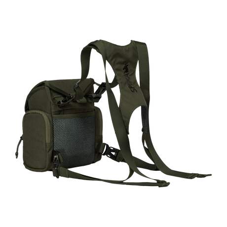 Spika Drover II bino pack in Olive Summit, three-quarter view with harness and mesh pocket