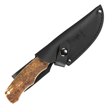Spika Bushmaster Jeremiah knife sheathed in its black leather sheath with snap retention strap