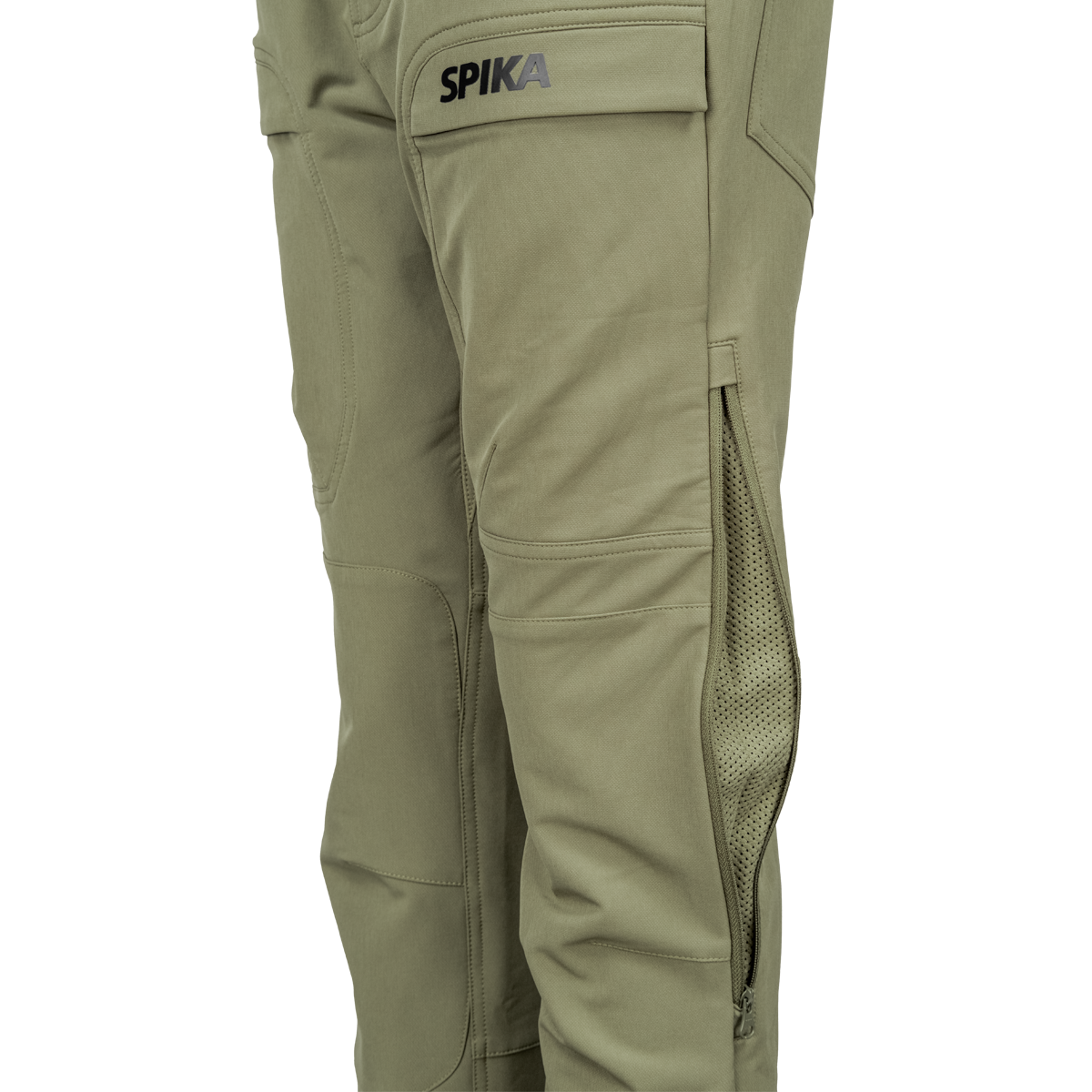 Spika Recon women's pants in Dusky Green, close-up of Spika cargo pocket and open mesh leg vent