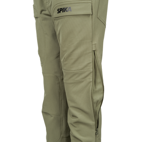 Spika Recon women's pants in Dusky Green, close-up of Spika cargo pocket and open mesh leg vent