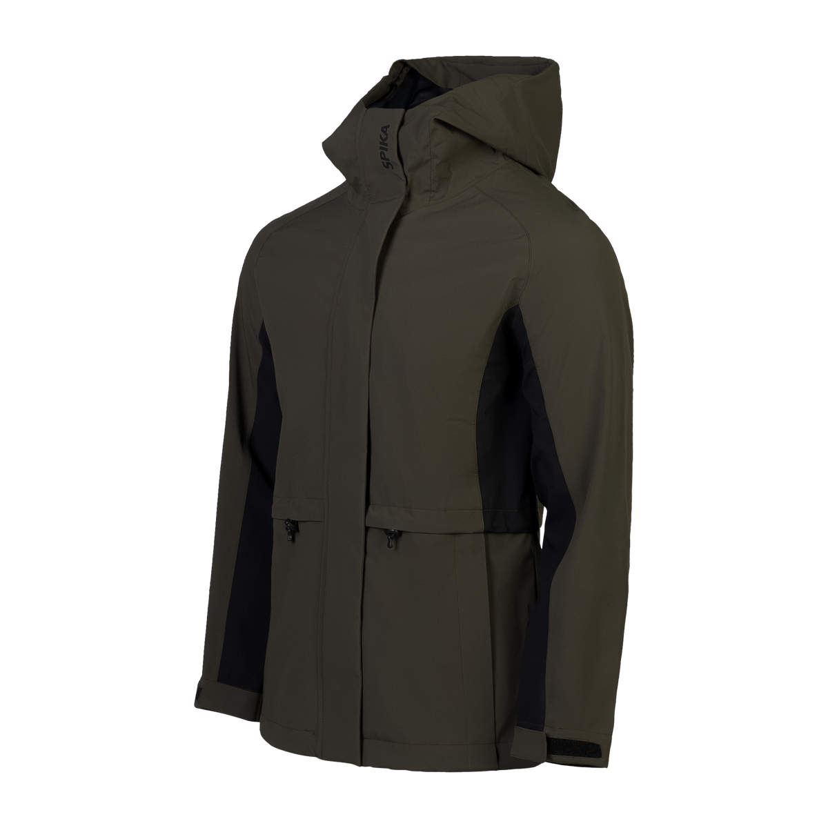Spika Reign women's hooded jacket in Olive Summit/Black, three-quarter view with hood
