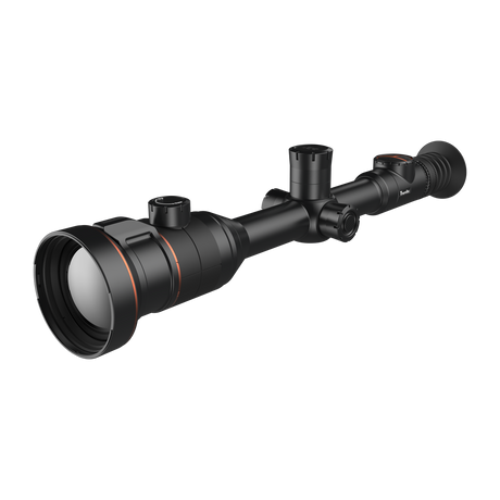 ThermTec Ares-LRF 360L 2.0 thermal tube scope, low front three-quarter view of objective lens