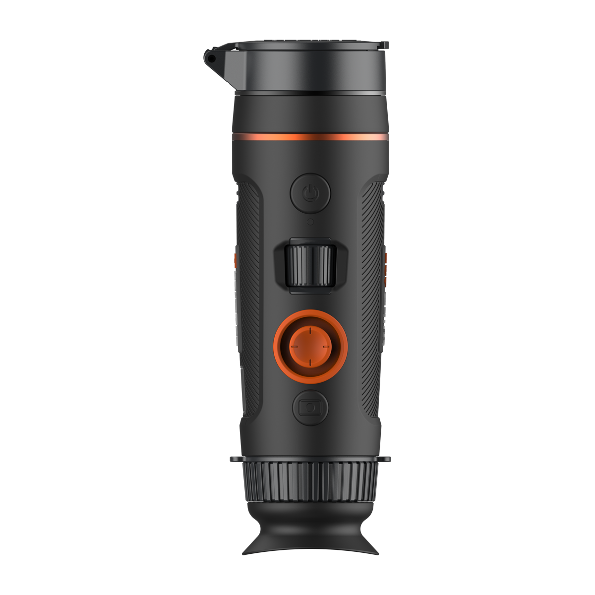 ThermTec Wild 635 thermal monocular, top view of orange control button, scroll wheel and eyecup