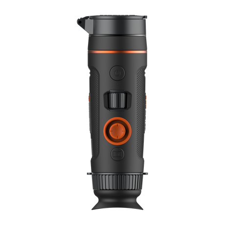 ThermTec Wild 635 thermal monocular, top view of orange control button, scroll wheel and eyecup