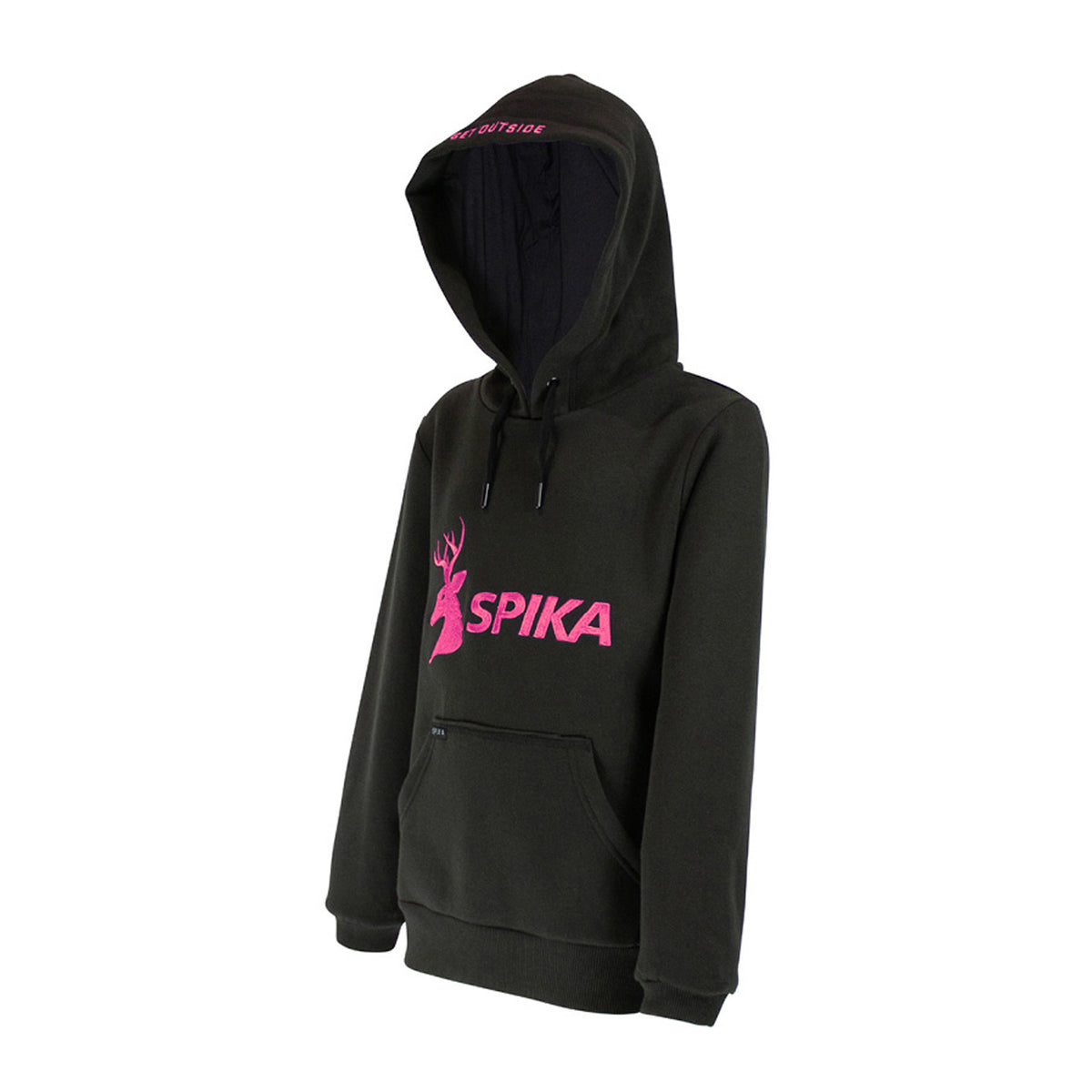 Spika GO Classic girls' black hoodie, three-quarter view showing hood and pink SPIKA chest logo