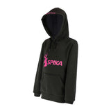 Spika GO Classic girls' black hoodie, three-quarter view showing hood and pink SPIKA chest logo
