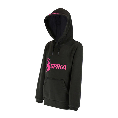 Spika GO Classic girls' black hoodie, three-quarter view showing hood and pink SPIKA chest logo