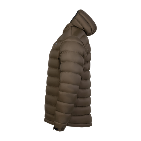 Spika Hideout men's packable puffer jacket in Mud Brown, side profile view with hood