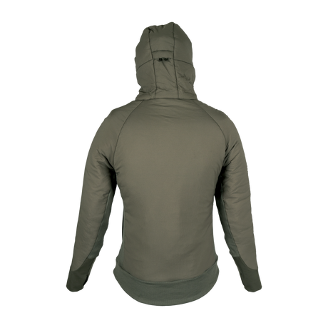 Spika Aura women's Dusky Green hybrid puffer jacket, back view showing the hood and quilted panels