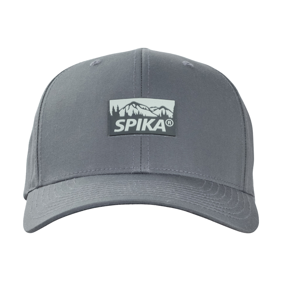 Spika GO Advance recycled Flexfit cap in Charcoal, front view of the Spika mountain patch