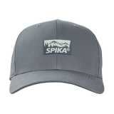 Spika GO Advance recycled Flexfit cap in Charcoal, front view of the Spika mountain patch