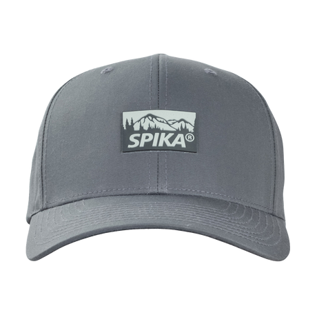 Spika GO Advance recycled Flexfit cap in Charcoal, front view of the Spika mountain patch