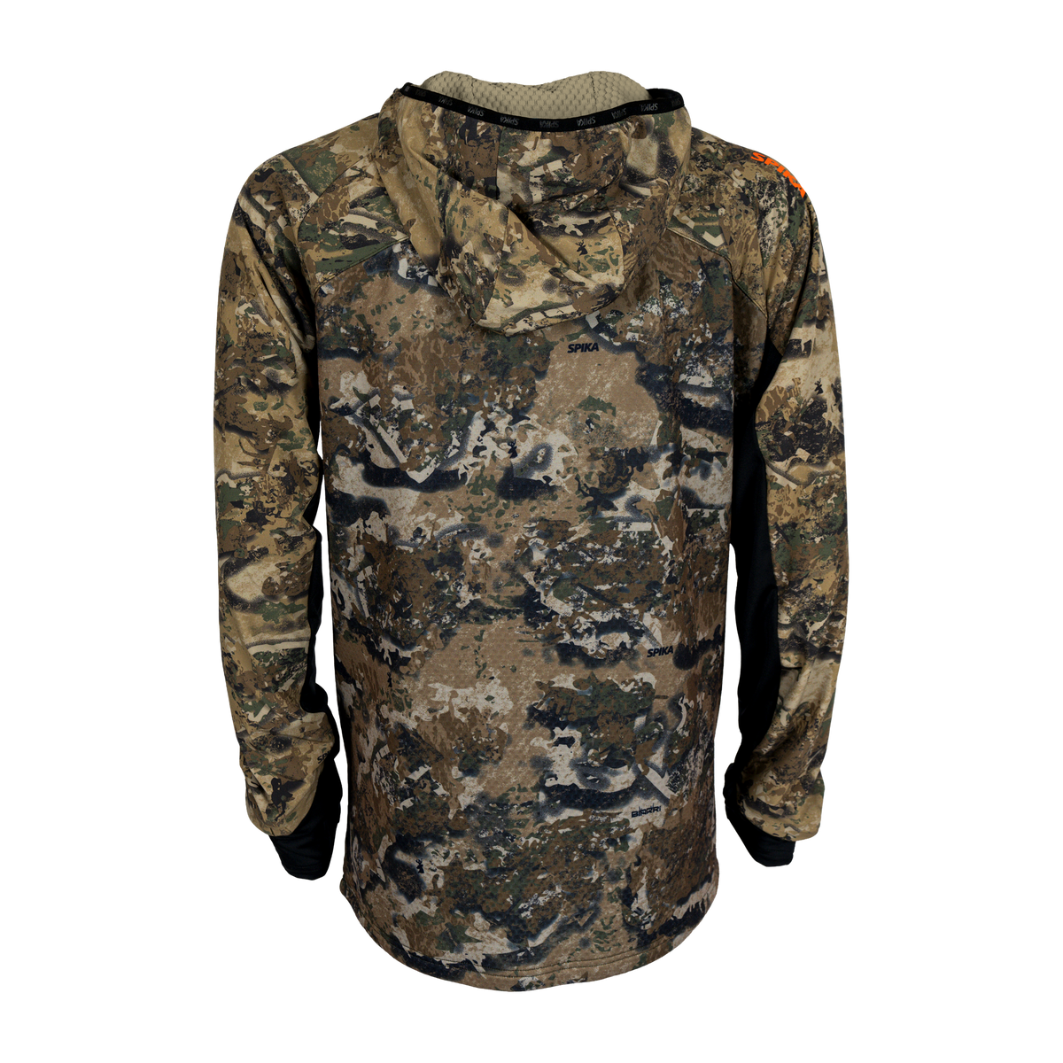 Spika men's microfleece hunting hoodie in Biarri Camo, back view of hood and camo pattern