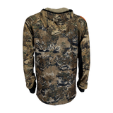 Spika men's microfleece hunting hoodie in Biarri Camo, back view of hood and camo pattern
