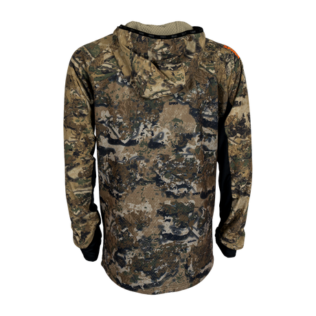 Spika men's microfleece hunting hoodie in Biarri Camo, back view of hood and camo pattern