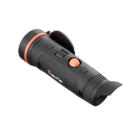 ThermTec Wild 650L Pro thermal monocular, rear three-quarter view of extended eyecup and ThermTec logo
