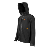 Spika GO men's softshell jacket in Black, three-quarter view with hood and orange chest logo