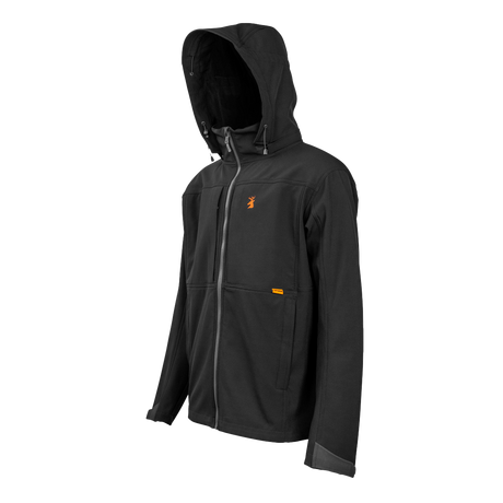 Spika GO men's softshell jacket in Black, three-quarter view with hood and orange chest logo